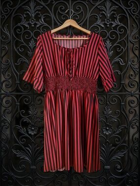 Red and Black Goth Vertical Stripe Shirred Waist Midi Dress